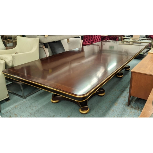 447 - DINING TABLE, 380cm L x 153cm D of substantial proportions, the top with a gilt trim on a pair of Wi... 