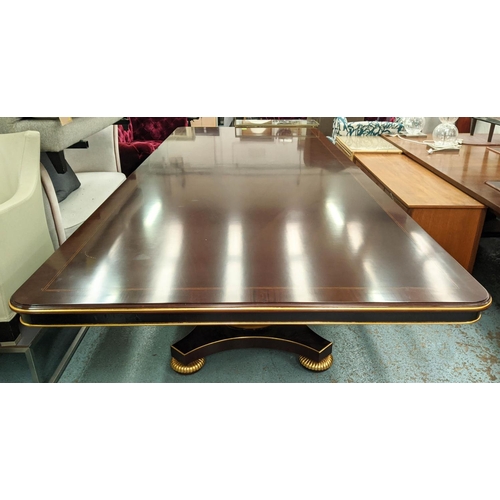 447 - DINING TABLE, 380cm L x 153cm D of substantial proportions, the top with a gilt trim on a pair of Wi... 