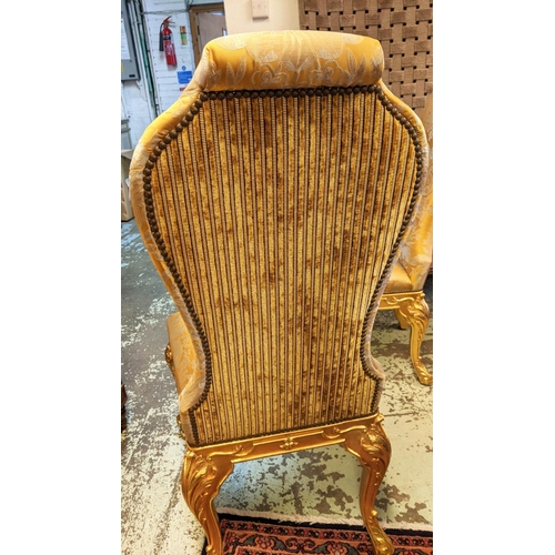 448 - DINING CHAIRS, a set of eight, each 60cm W x 110cm H, carved gilt wood frames with Damask upholstery... 