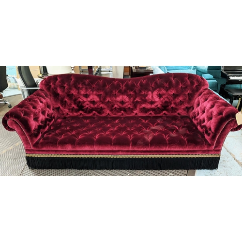 449 - SOFA 255cm W x 98cm D x 95cm H of buttoned velvet with bullion fringe.