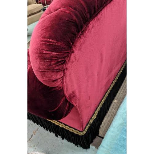 449 - SOFA 255cm W x 98cm D x 95cm H of buttoned velvet with bullion fringe.