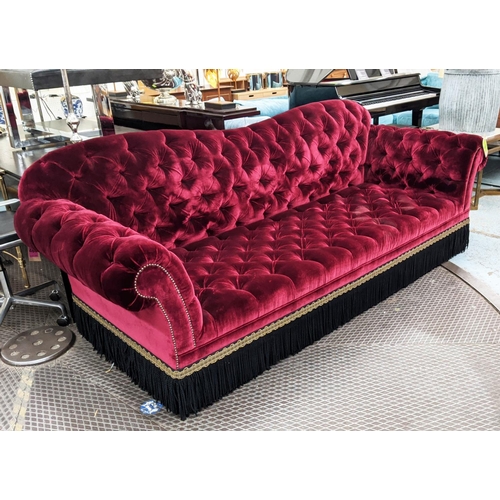 449 - SOFA 255cm W x 98cm D x 95cm H of buttoned velvet with bullion fringe.