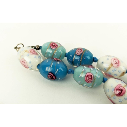 6 - VENETIAN GLASS NECKLACES, one made from decoratively coloured oval beads, rose motifs, silver clasp,... 