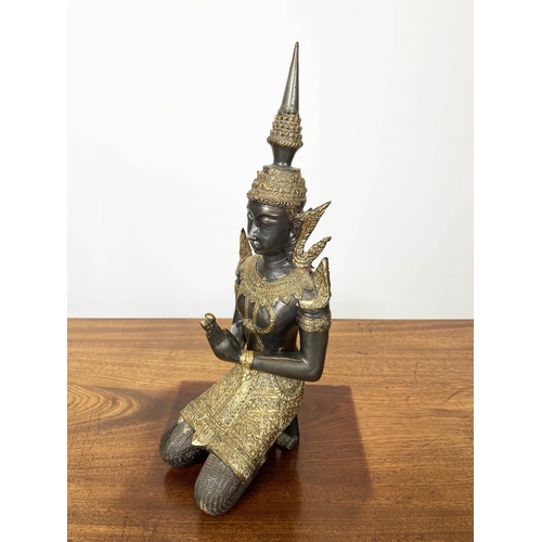 9 - THAI FIGURES, bronze Prince Rama dancer and a kneeling teppanom along with a Buddha head all with gi... 