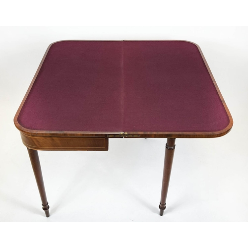 91 - CARD TABLE, George III period mahogany and satinwood banded, D shaped baize lined foldover top with ... 