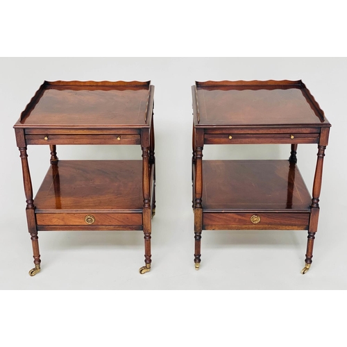 99 - LAMP TABLES, a pair, George III design figured mahogany each with brushing slide and drawer, 46cm x ... 
