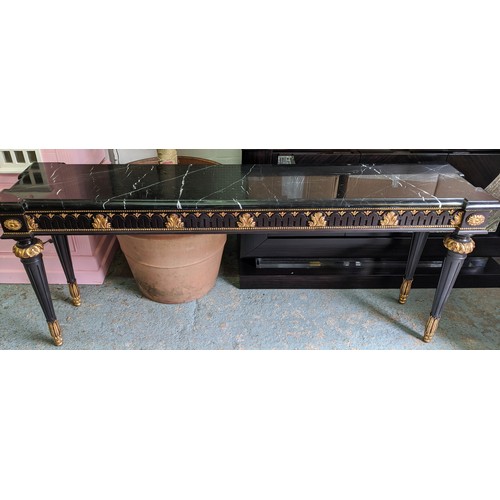 431 - CONSOLE TABLE, 202cm L x 46cm D, the black marble top on a black and gilt base.