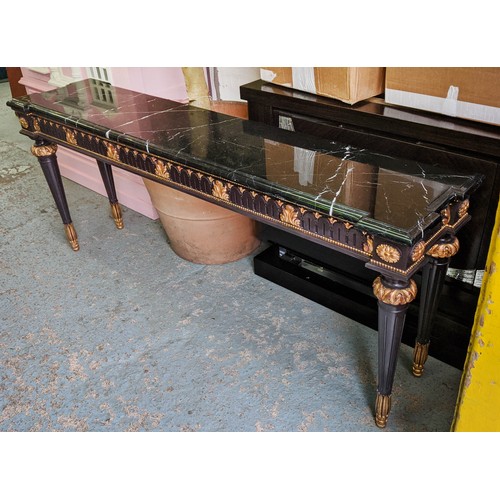 431 - CONSOLE TABLE, 202cm L x 46cm D, the black marble top on a black and gilt base.