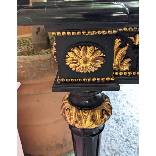 431 - CONSOLE TABLE, 202cm L x 46cm D, the black marble top on a black and gilt base.