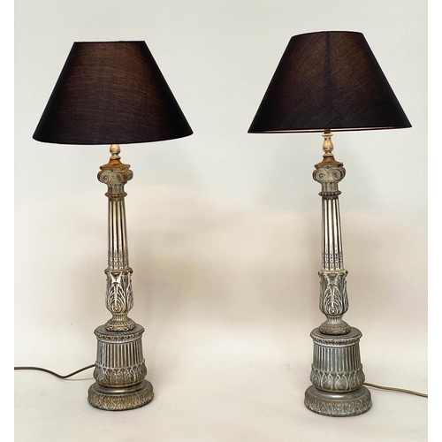 96 - COLUMN TABLE LAMPS, a pair, silvered metal with graduated fluted columns and Corinthian capping with... 