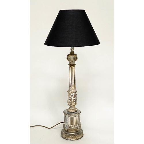 96 - COLUMN TABLE LAMPS, a pair, silvered metal with graduated fluted columns and Corinthian capping with... 