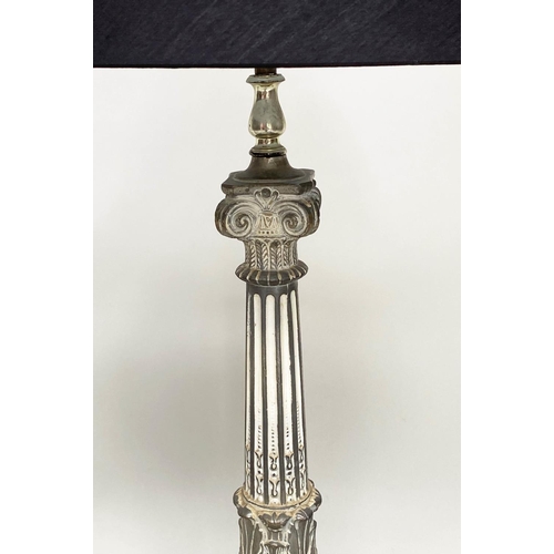 96 - COLUMN TABLE LAMPS, a pair, silvered metal with graduated fluted columns and Corinthian capping with... 