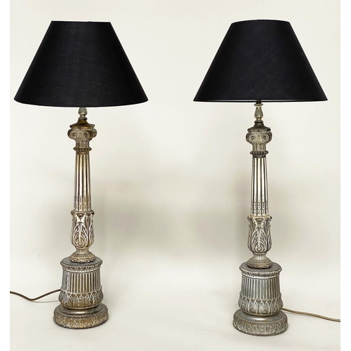 96 - COLUMN TABLE LAMPS, a pair, silvered metal with graduated fluted columns and Corinthian capping with... 