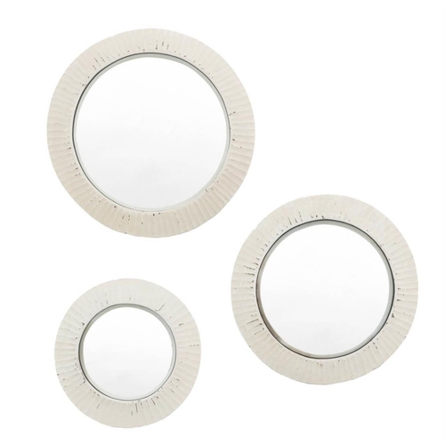 411 - CONVEX WALL MIRRORS, two graduated sets of three, one set with white painted frames and the other wi... 