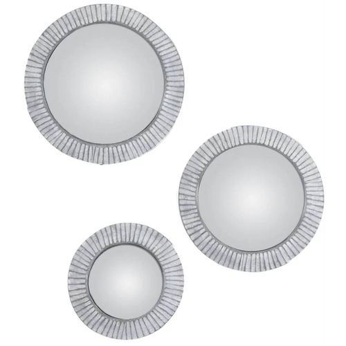 411 - CONVEX WALL MIRRORS, two graduated sets of three, one set with white painted frames and the other wi... 