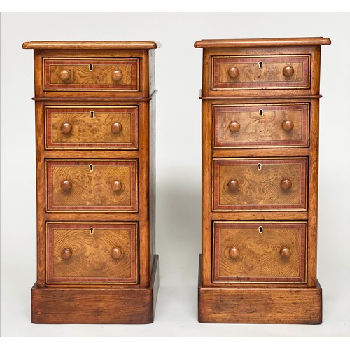 101 - BEDSIDE CHESTS, a pair, Georgian style burr walnut and crossbanded, each with four drawers, 31cm D x... 