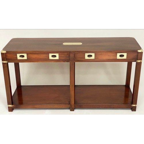 105 - HALL TABLE, campaign style mahogany and brass bound with two frieze drawers and undertier, 136cm L x... 