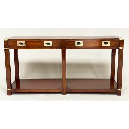 105 - HALL TABLE, campaign style mahogany and brass bound with two frieze drawers and undertier, 136cm L x... 