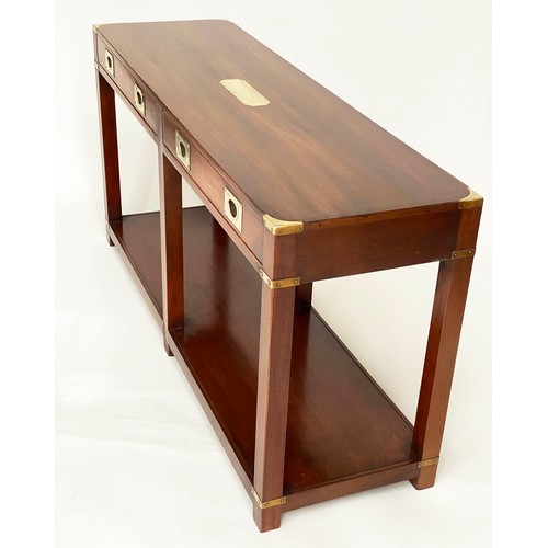 105 - HALL TABLE, campaign style mahogany and brass bound with two frieze drawers and undertier, 136cm L x... 