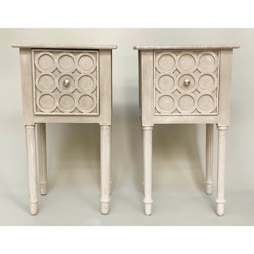 117 - BEDSIDE CHESTS, a pair, Scandinavian style traditionally grey painted with single drawer and circula... 