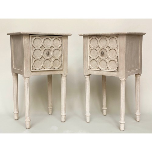 117 - BEDSIDE CHESTS, a pair, Scandinavian style traditionally grey painted with single drawer and circula... 