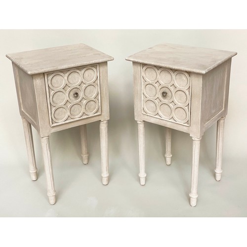 117 - BEDSIDE CHESTS, a pair, Scandinavian style traditionally grey painted with single drawer and circula... 