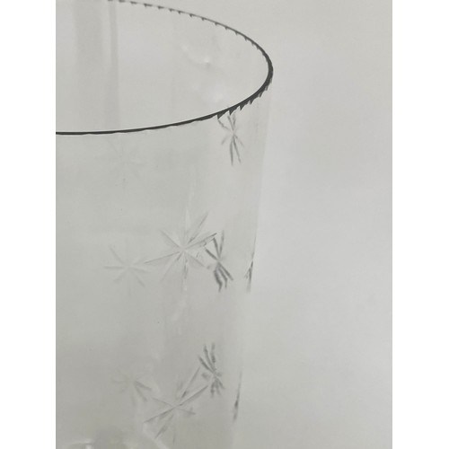 119 - STORM LANTERNS, a pair, cut glass cylindrical with engraved detail and stepped base, 40cm H. (2)