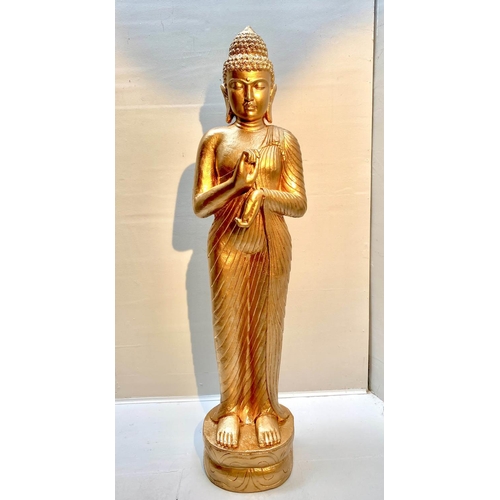 390 - SCULPTURAL BUDDHA , 157cm high, 38cm wide, 30cm deep, gilt finish.