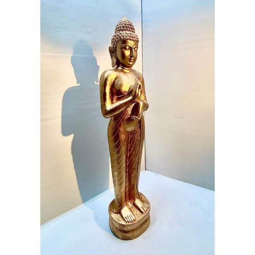 390 - SCULPTURAL BUDDHA , 157cm high, 38cm wide, 30cm deep, gilt finish.