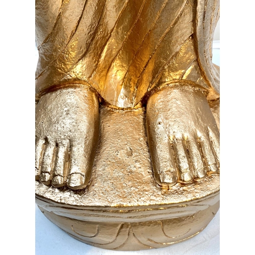 390 - SCULPTURAL BUDDHA , 157cm high, 38cm wide, 30cm deep, gilt finish.