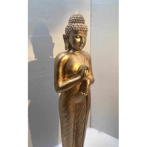 390 - SCULPTURAL BUDDHA , 157cm high, 38cm wide, 30cm deep, gilt finish.