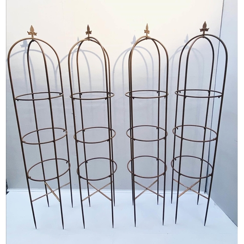 391 - ARCHITECTURAL GARDEN OBELISKS, set of four, 150cm high, 33cm diameter, distressed rust finish metal.... 