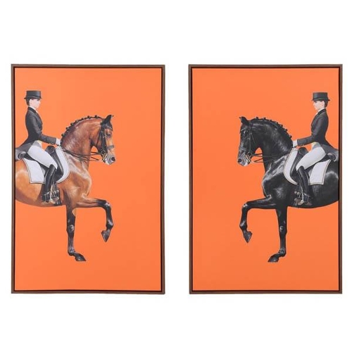 394 - DRESSAGE PRINTS, a set of two, on canvas frame, framed, 99cm H x 60cm W. (2)