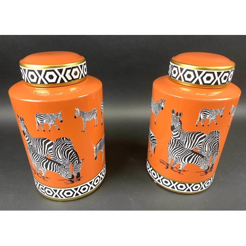 396 - GINGER JARS, a pair, glazed ceramic, zebra print design, 30cm high, 17cm diameter. (2)