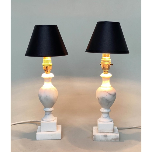 131 - ALABASTER TABLE LAMPS, two pairs, Italian alabaster hand carved and turned columns with shades, tall... 