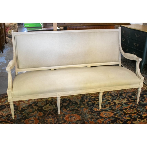 86 - CANAPE, 19th century French and later white painted in fawn fabric, 98cm H x 176cm.