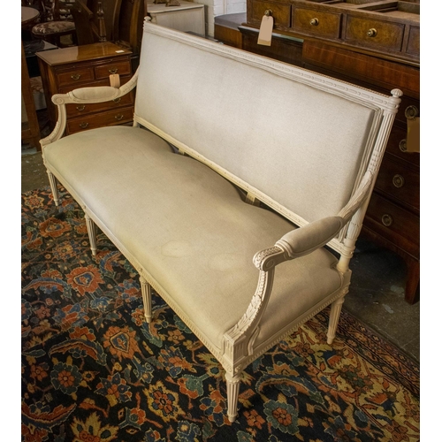 86 - CANAPE, 19th century French and later white painted in fawn fabric, 98cm H x 176cm.