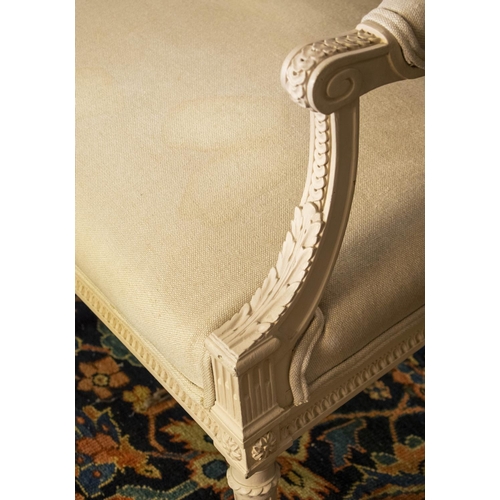 86 - CANAPE, 19th century French and later white painted in fawn fabric, 98cm H x 176cm.