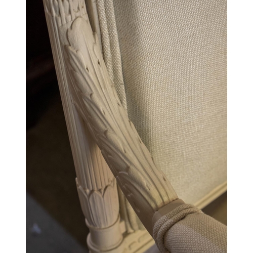 86 - CANAPE, 19th century French and later white painted in fawn fabric, 98cm H x 176cm.