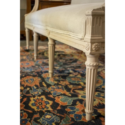 86 - CANAPE, 19th century French and later white painted in fawn fabric, 98cm H x 176cm.