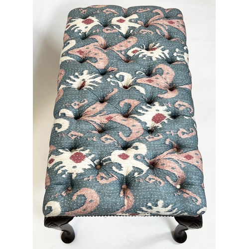 84 - STOOL, 51cm H x 97cm W x 55cm D, Georgian style in buttoned Ikat fabric.