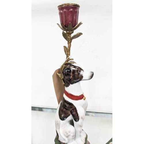 4 - DOG CANDELABRA, a pair, glazed ceramic, gilt mounts, 35cm H. (2)