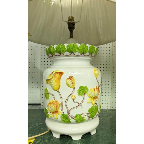 345 - TABLE LAMPS, a pair, 72cm H, glazed ceramic with floral relief design, with pleated shades. (2)