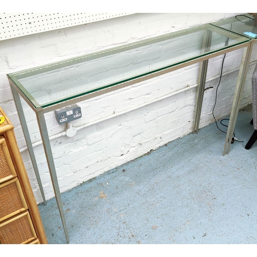 451 - ADAM WILLIAMS TAPERED CONSOLE TABLE, silvered metal base, glass top, 130.5cm x 36.5cm x 90.5cm.