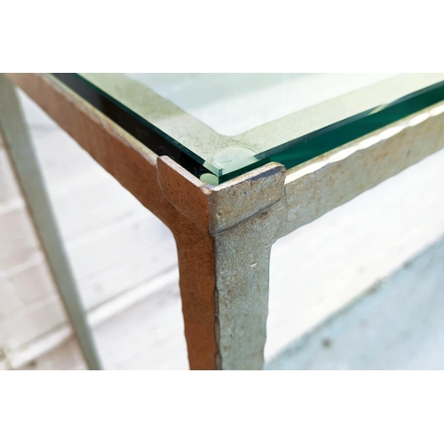 451 - ADAM WILLIAMS TAPERED CONSOLE TABLE, silvered metal base, glass top, 130.5cm x 36.5cm x 90.5cm.