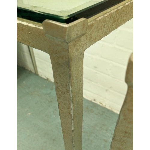 454 - ADAM WILLIAMS TAPERED SIDE TABLES, a pair,  75.5cm x 50.5cm x 64cm, silvered metal bases, glass top.... 