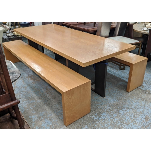 447 - DINING SET, including table by Chris Dewar Dixon, 240cm L x 100cm D x 77cm H and two benches to matc... 