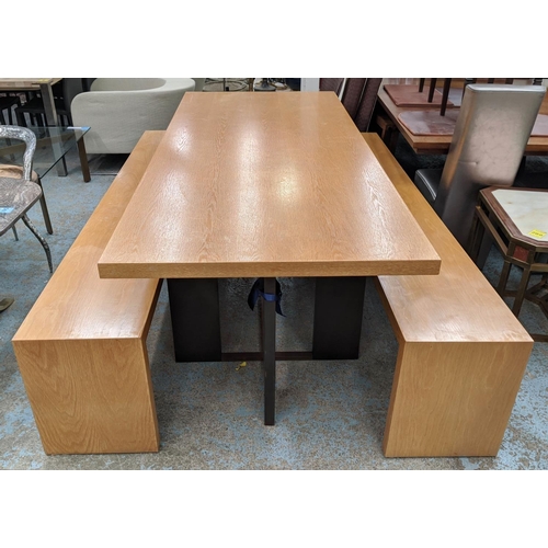 447 - DINING SET, including table by Chris Dewar Dixon, 240cm L x 100cm D x 77cm H and two benches to matc... 