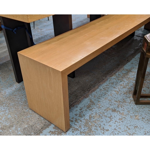 447 - DINING SET, including table by Chris Dewar Dixon, 240cm L x 100cm D x 77cm H and two benches to matc... 