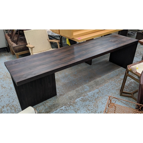 449 - DESK, 60cm D x 72cm H x 240cm L, in dark exotic wood.